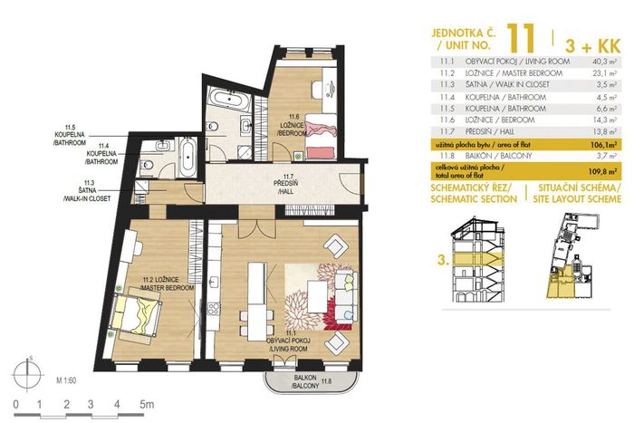 Fotografie nemovitosti - Bright spacious apartment 3+kk for rent, 108 sqm, balcony, Prague 1- Nové Město, Soukenická